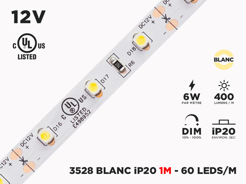 Ruban LED iP65+ 12V 3528 Couleur Unique à 60 LEDs/m - 1m (Ruban seul)