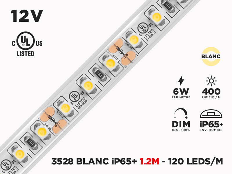 Ruban LED iP65+ 12V 3528 Couleur Unique à 120 LEDs/m - 1.2m (4') (Ruban seul)