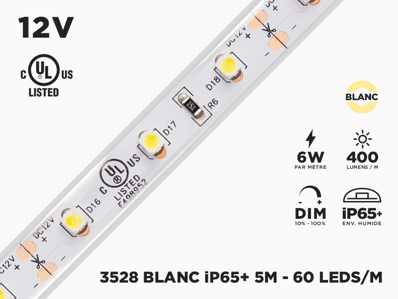 Ruban LED iP65+ 12V 3528 Couleur Unique à 60 LEDs/m - 5m (ruban seul)