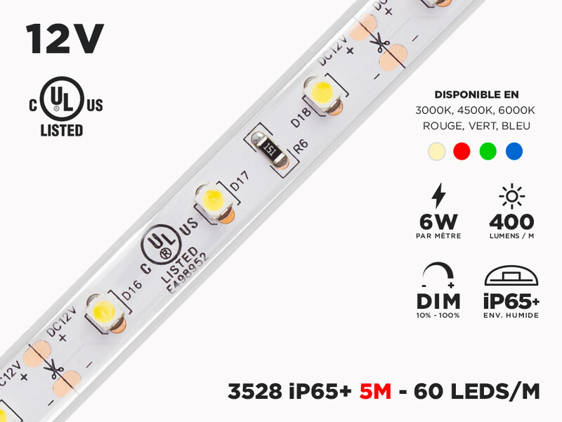 Ruban LED iP65+ 12V 3528 Couleur Unique à 60 LEDs/m - 5m (ruban seul)