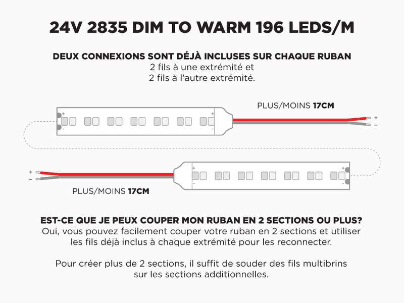 Ruban LED iP20 24V 2835 "Dim to Warm" à 196 LEDs/m - 5m (Ruban seul)