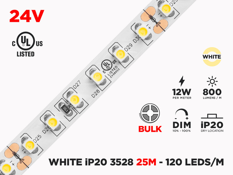 24V 25m iP20 3528 White LED Strip - 120 LEDs/m (Strip Only)