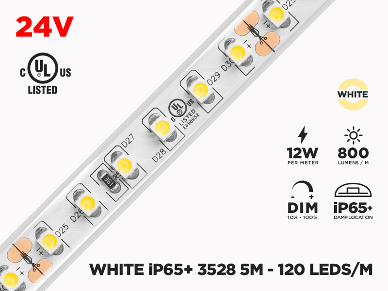 24V 5m iP65+ 3528 Single Color LED Strip - 120 LEDs/m (Strip Only)