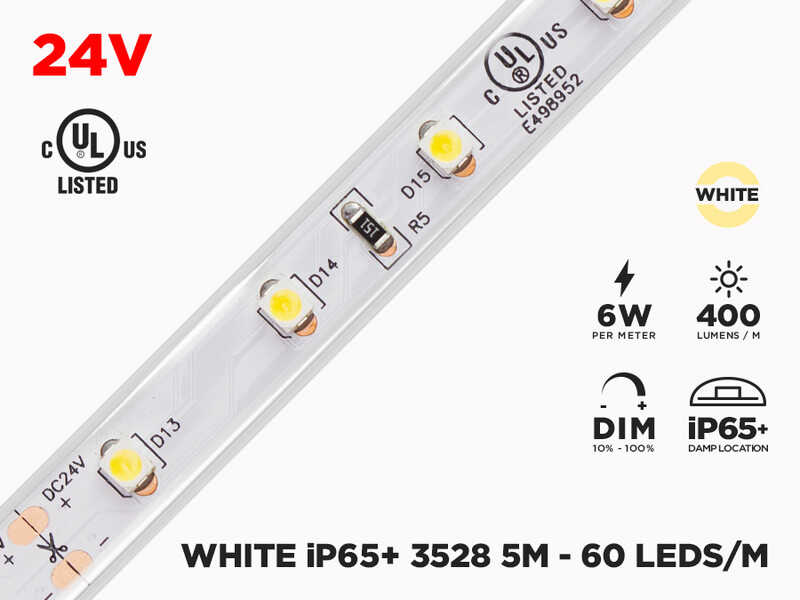 24V 5m iP65+ 3528 White LED Strip - 60 LEDs/m (Strip Only), Color-Temperature : 3500K Soft White 