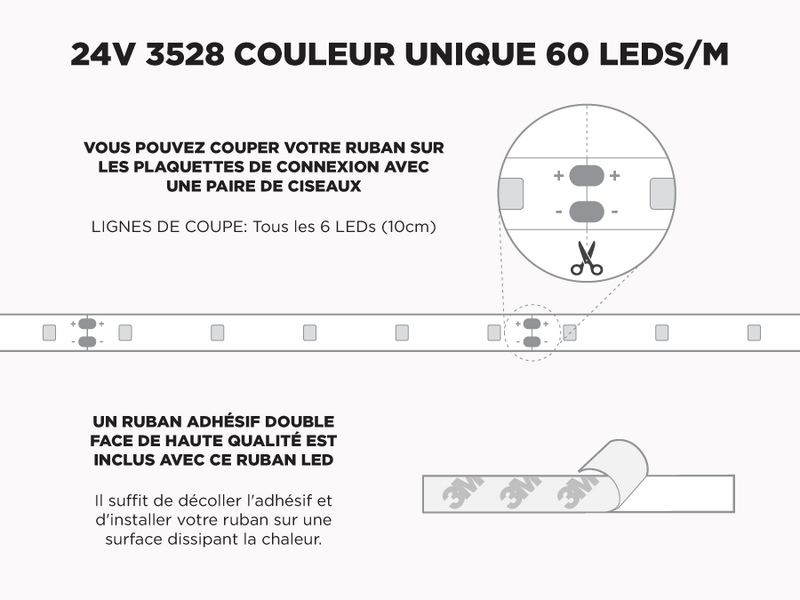 Ruban LED iP20 24V 3528 Couleur Unique à 60 LEDs/m - 5m (Ruban seul)