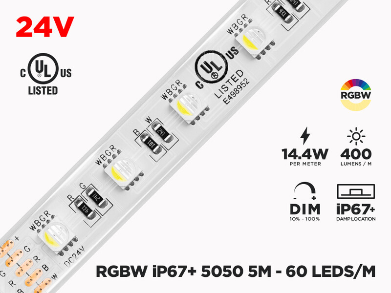 24V 5m iP67 RGB+W 5050 LED Strip - 60 LEDs/m (Strip Only)