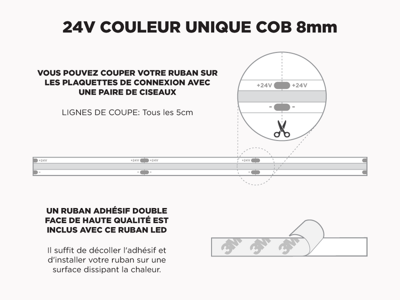 24V 5m iP20 8mm COB LED strip - White