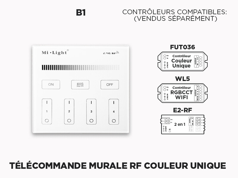 B1 Télécommande Murale RF 4 Zones pour Rubans LED Couleur Unique