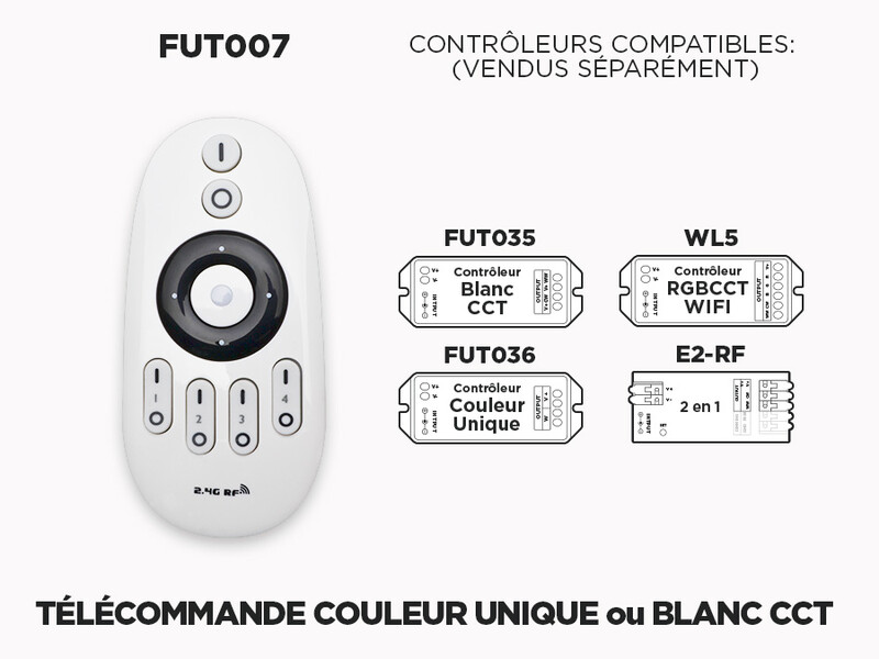 Télécommande RF 4 Zones pour Rubans LED Couleur Unique ou Blanc CCT Variable (FUT007)