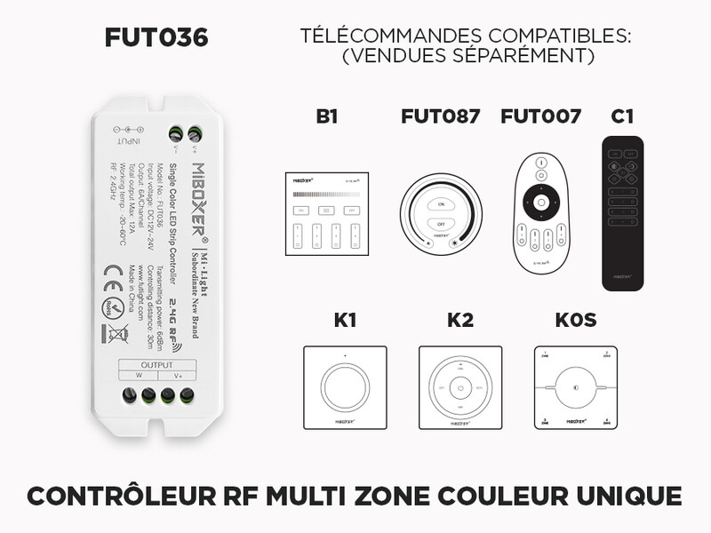 Contrôleur LED Couleur Unique RF 1 à 4 zones à relai de signal automatique FUT036 (Amélioré)