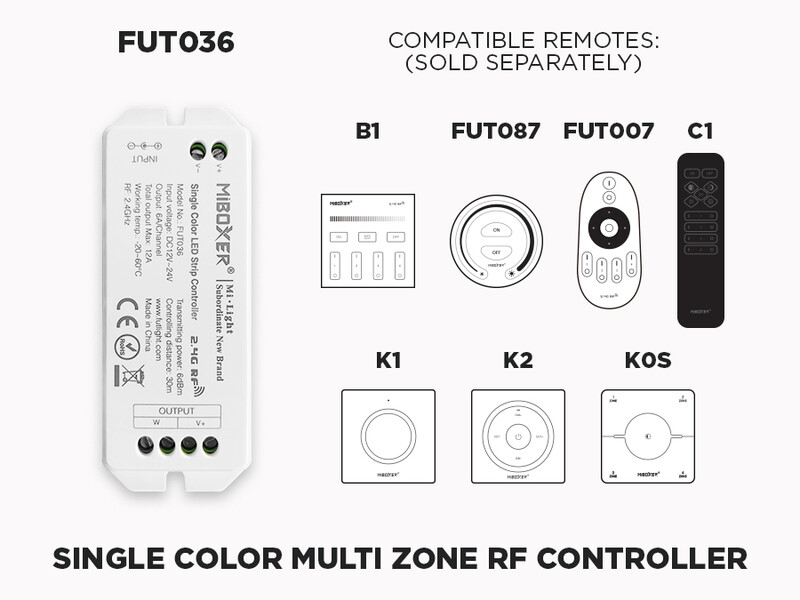 1 to 4 Zones Self Repeating RF Single Color LED Controller - FUT036 (Upgraded)