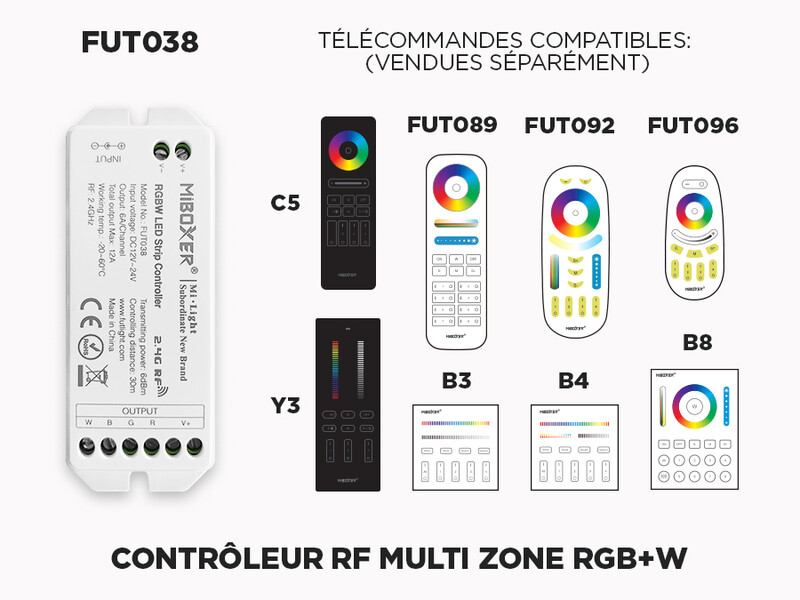 Contrôleur LED RGB+W RF 1 à 8 zones à relai de signal automatique (FUT 038)