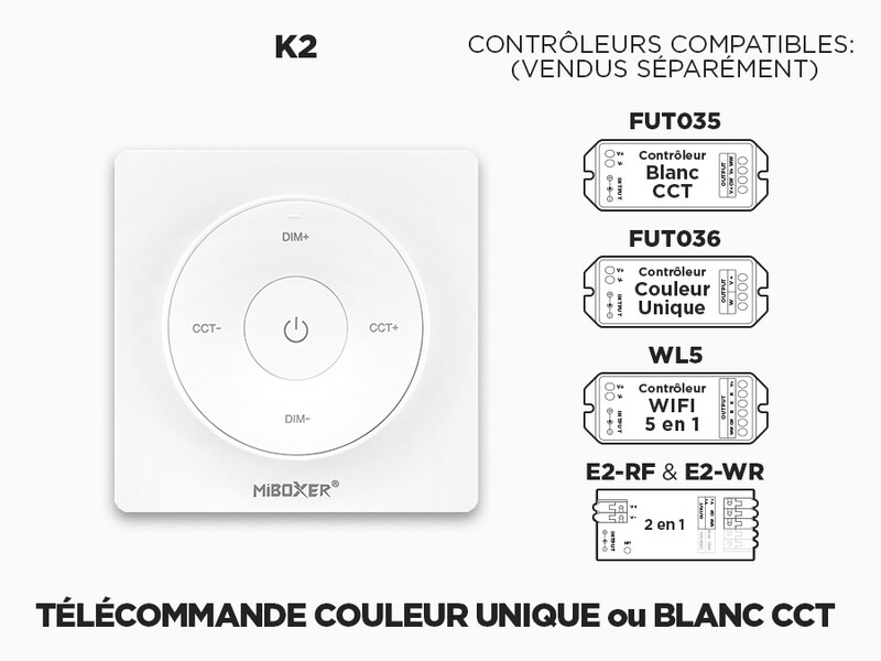 Télécommande Murale Detachable RF 1 Zone pour Rubans LED Couleur Unique et Blanc CCT Ajustable (K2)