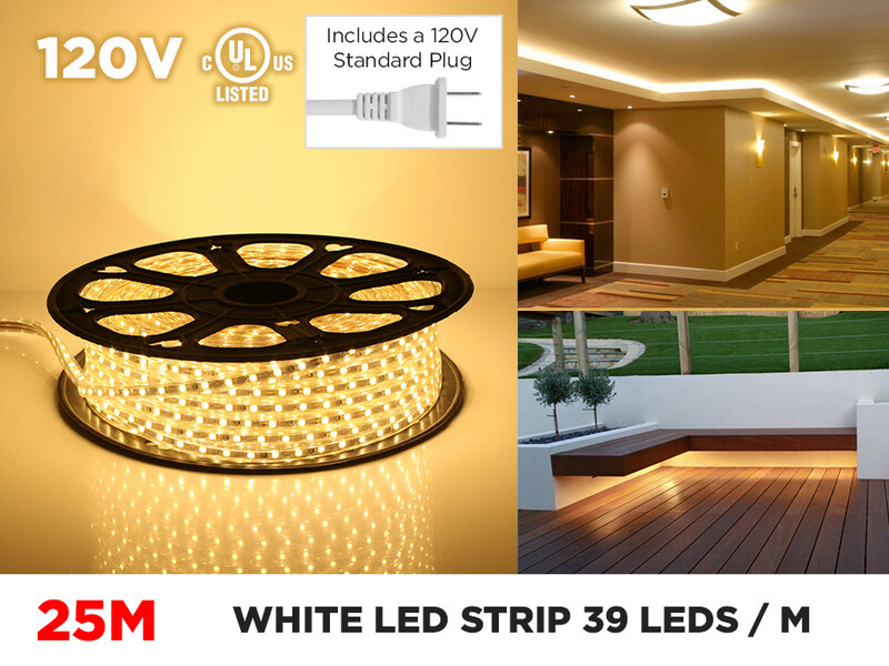 120V 25m iP65 2835 Single Color LED Strip - 39 LEDs/m