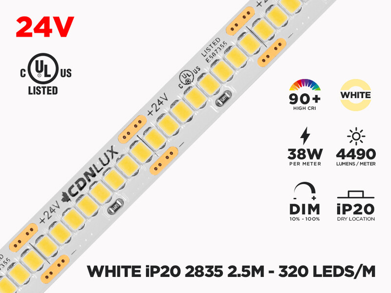 24V 2.5m iP20 2835 White High Output LED Strip - 320 LEDs/m (Strip Only)