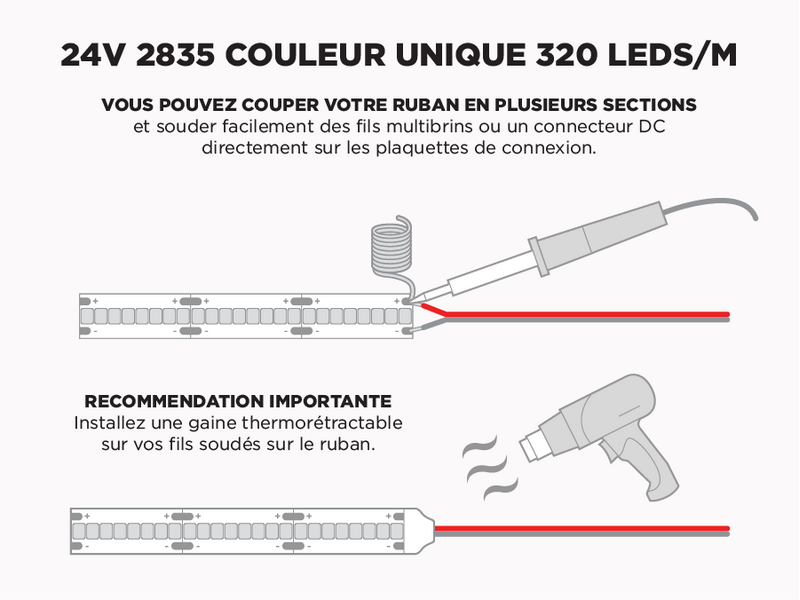 Ruban LED iP20 24V 2835 Haute intensité Blanc à 320 LEDs/m - 2.5m (Ruban seul)