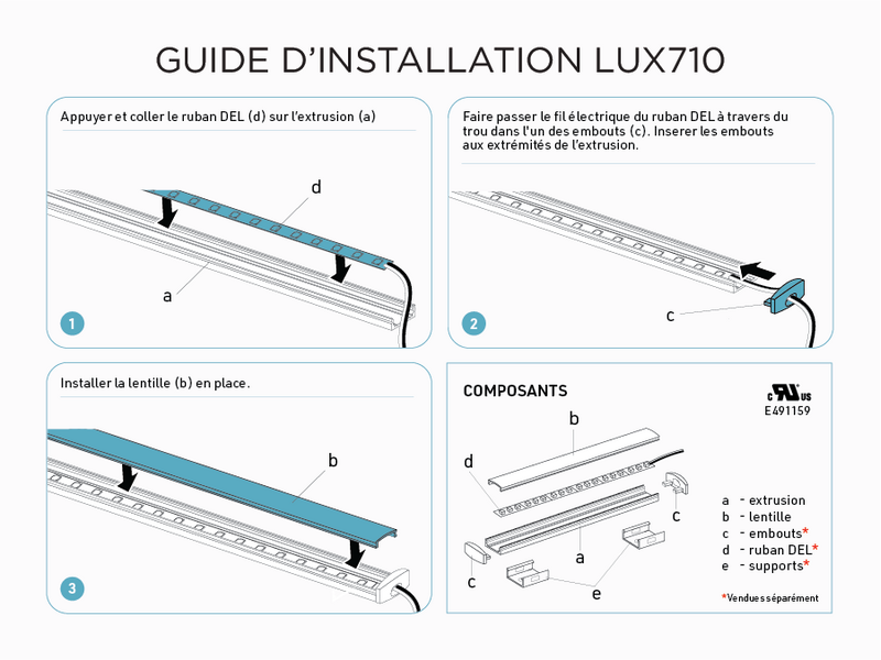 Profilé d’aluminium en U de 10 pieds pour ruban LED (LUX710)