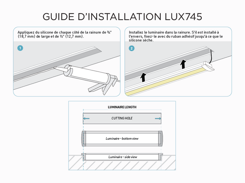 Profilé d’aluminium en U encastrable de 10 pieds pour ruban LED (LUX745)